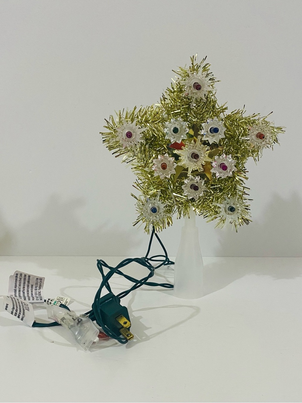 Vintage Gold Tinsel Star Tree Topper with Multicolor Bulbs